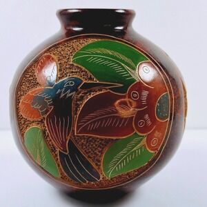Handcarved Guatemalan Sgraffito Studio Pottery Vase Hummingbird Turtle Fish BOHO
